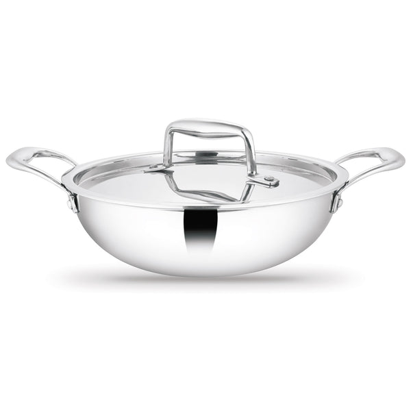 Artista Triply Stainless Steel Shallow Kadhai with Lid| Silver (Induction and Gas Stove Friendly), 28cm, 4600ml