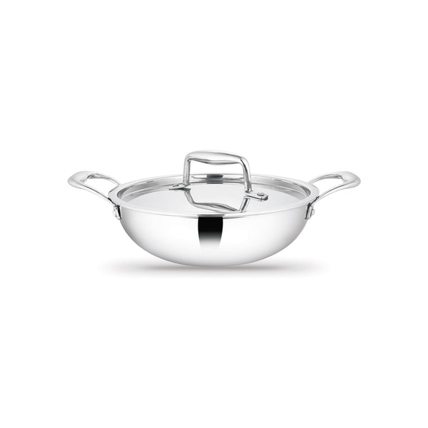 Artista Triply Stainless Steel Shallow Kadhai with Lid| Silver (Induction and Gas Stove Friendly), 22cm, 2100ml