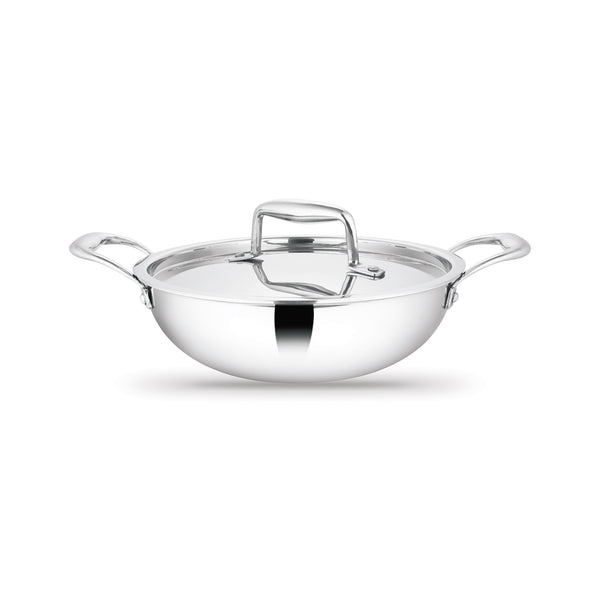 Artista Triply Stainless Steel Shallow Kadhai with Lid| Silver (Induction and Gas Stove Friendly), 24cm, 2500ml