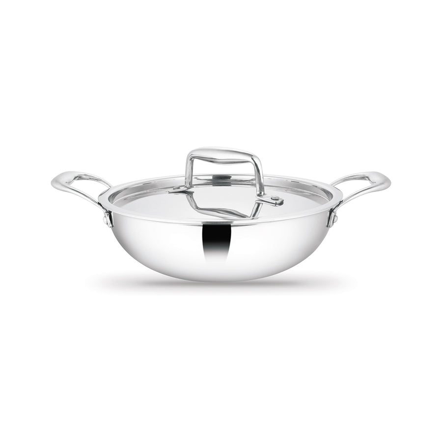Artista Triply Stainless Steel Shallow Kadhai with Lid| Silver (Induction and Gas Stove Friendly), 24cm, 2500ml