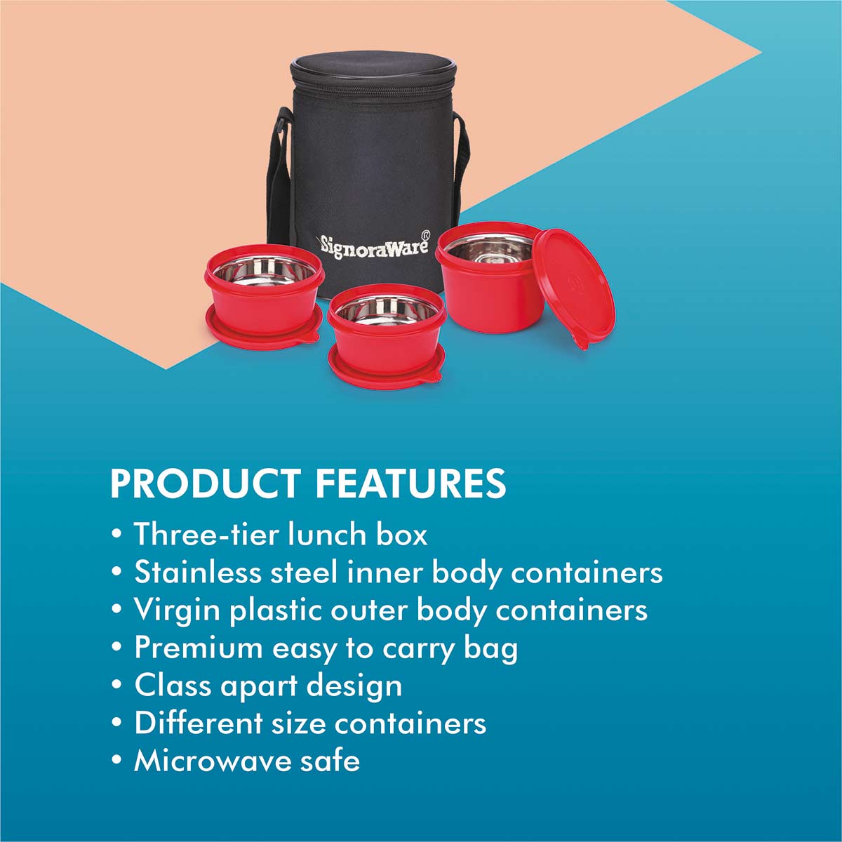 Monarch Executive Medium Microsafe Steel |Microwave Safe Lunch Box (3 Stainless Steel Containers + Insulated Bag) (500ml+350ml+350ml) , Set of 3 | Office Series