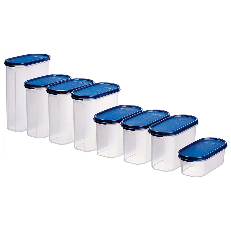 Oval Modular Multi-Purpose Plastic Containers Set of 8 with Lid for Kitchen | Food Grade BPA Free Leak Proof (Set Contains -2.3Litersx1 | 1.7Litresx3 | 1.1 Litresx3 | 500mlx1 | Mod Blue)